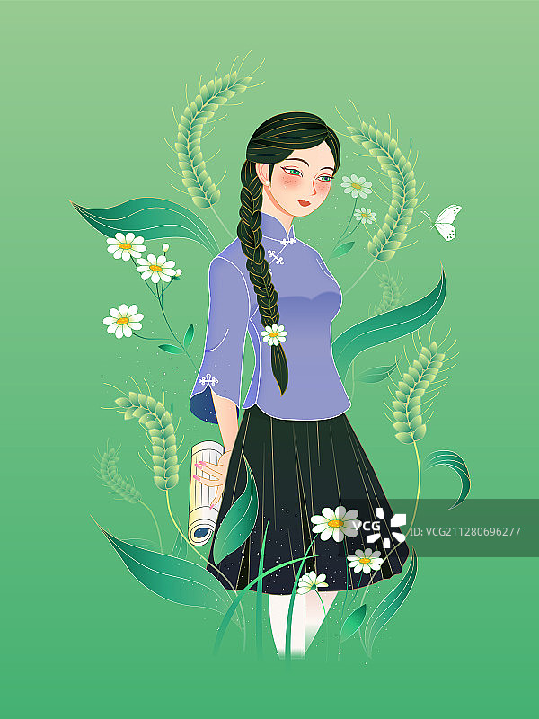 花丛中民国女学生复古矢量插画图片素材