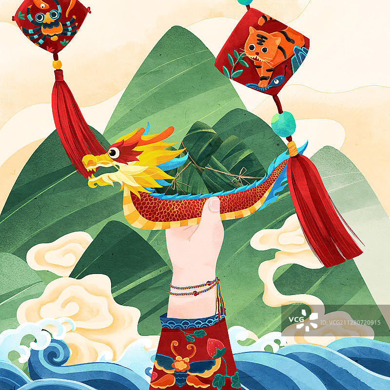 端午节龙舟粽子香囊浪花青山五色线插画图片素材