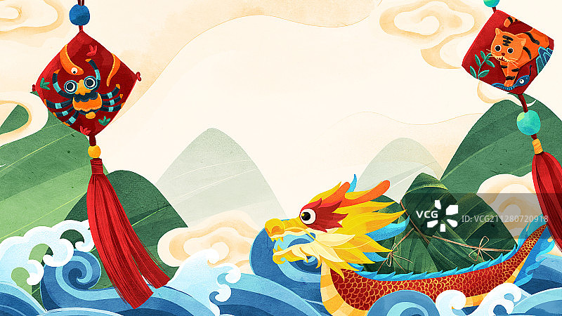 端午节龙舟粽子香囊浪花青山插画图片素材