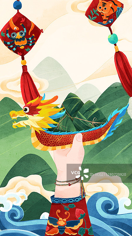 端午节龙舟粽子香囊浪花青山五色线插画图片素材
