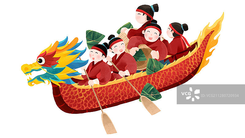 端午节划龙舟撒粽子的人插画图片素材