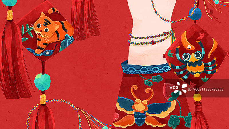 中华传统刺绣香囊五色线插画图片素材