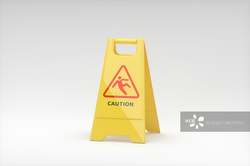 小心告示牌与白色背景 3D渲染图片素材