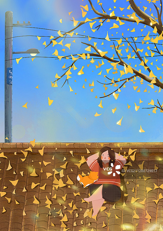 秋天躺在树下的小女孩图片素材