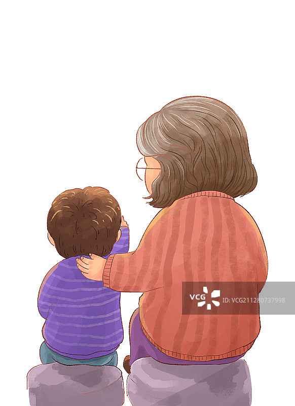 坐在石头上的祖孙人物插画图片素材