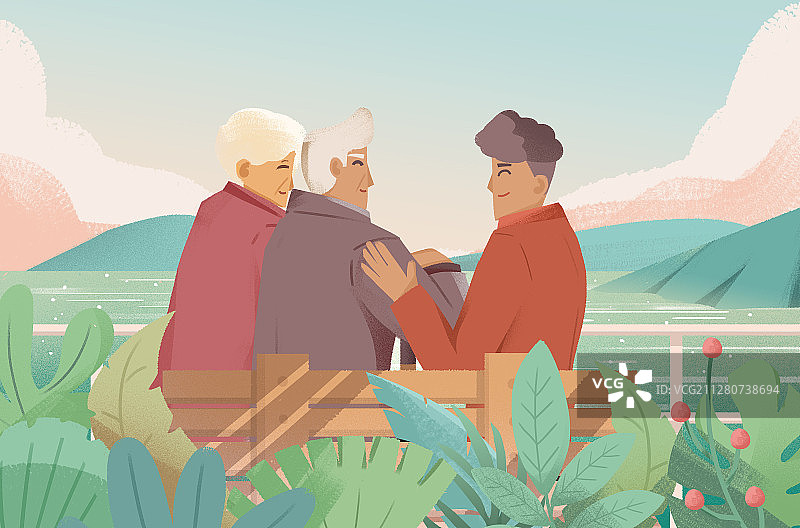 一家人坐在湖边插画图片素材