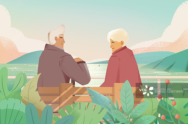 卡通手绘老人看海插画图片素材