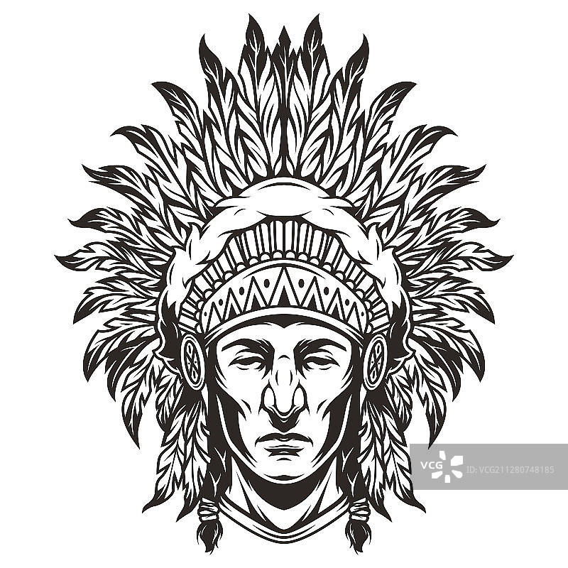 复古单色印第安酋长头像图片素材