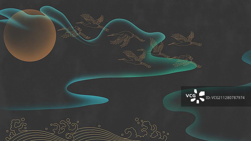 抽象山水仙鹤图案图片素材