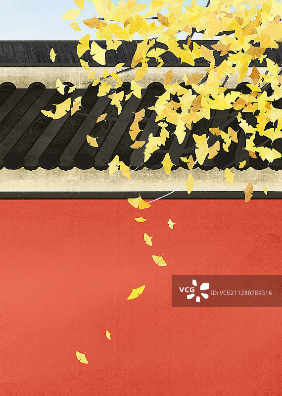 红墙黑瓦旁有一棵银杏树散落银杏叶 手绘插画图片素材