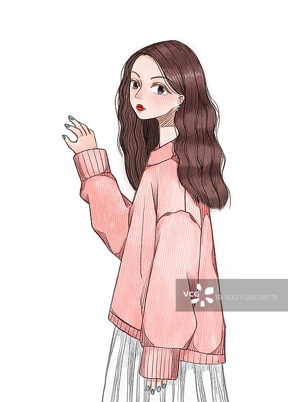 半侧身站立的长发少女 手绘插画图片素材