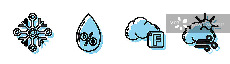 华氏度云朵雪花水线性图标图片素材