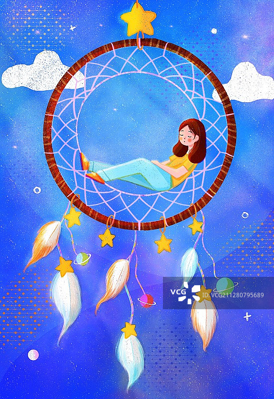 女孩与捕梦网竖版图片素材