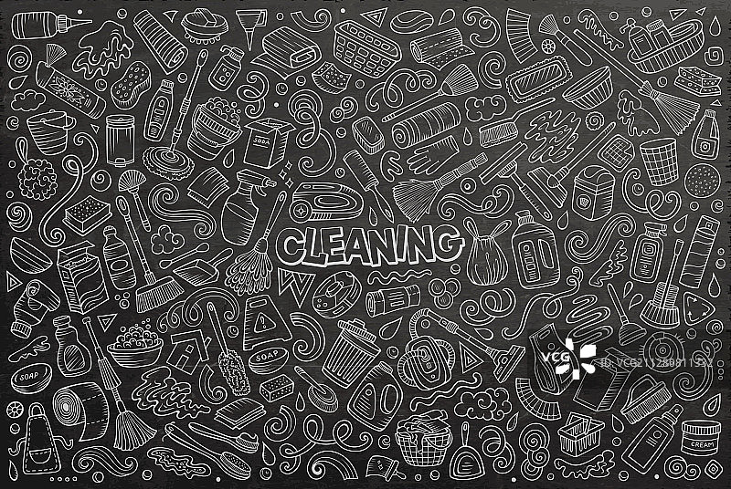 线条艺术涂鸦卡通清洁套装图片素材