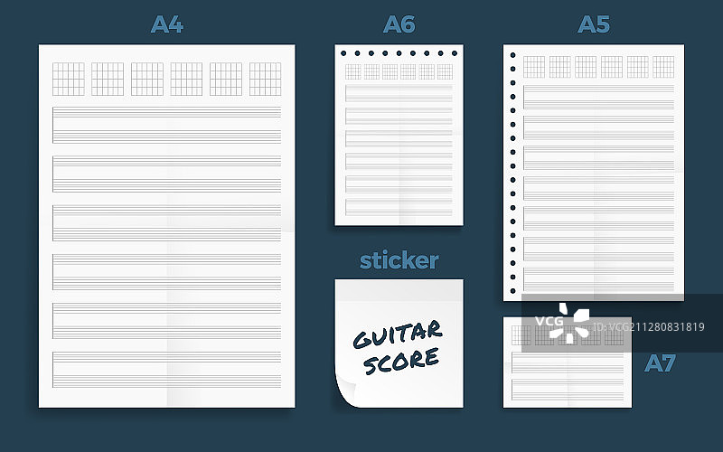 四张标准空白吉他乐谱的皱纸图片素材