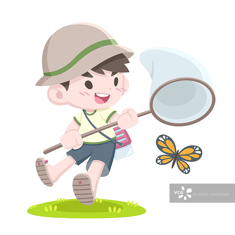 可爱风格的小男孩在捉虫图片素材