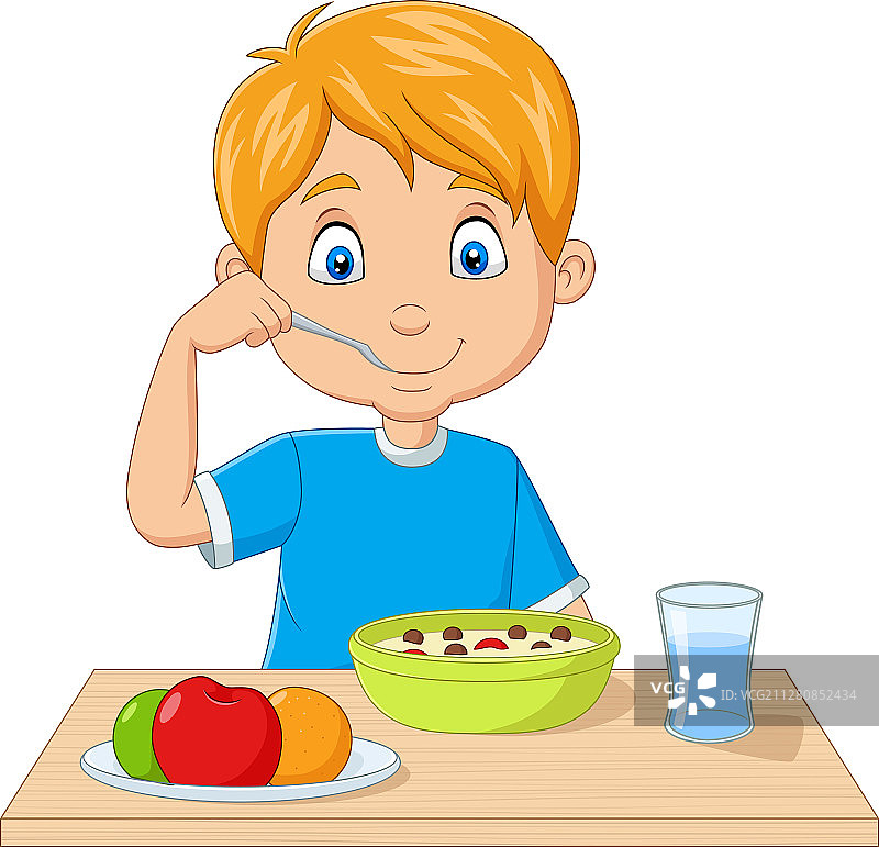 卡通小男孩吃早餐图片素材