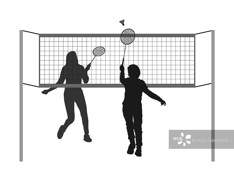 打羽毛球的男孩和女孩剪影图片素材