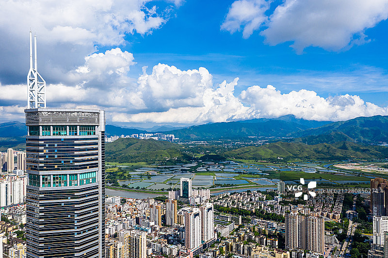 深圳福田都市风景及香港新界湿地航拍图片素材
