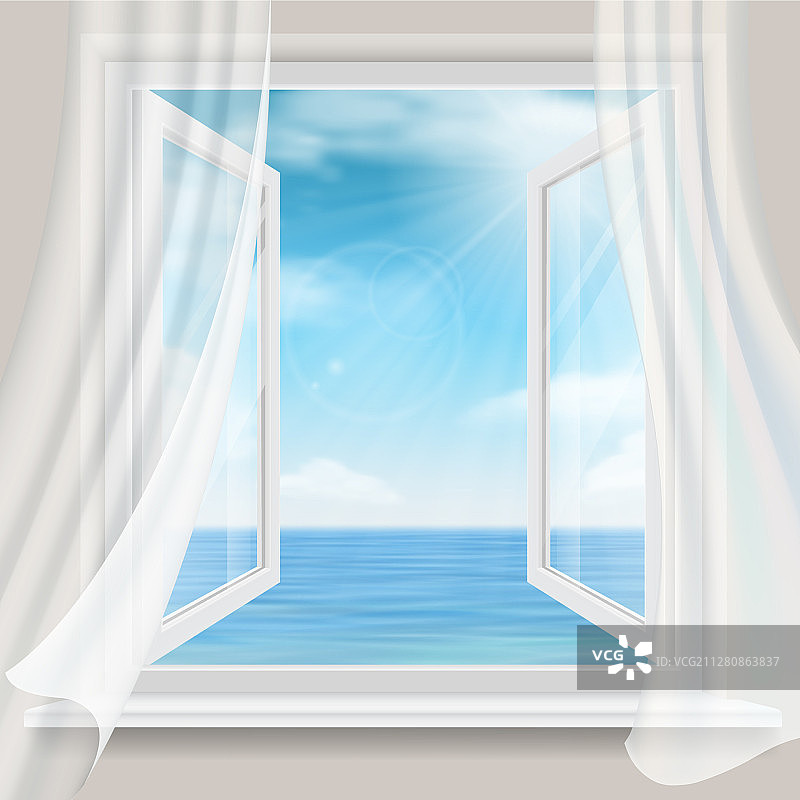 透过窗帘看海景图片素材