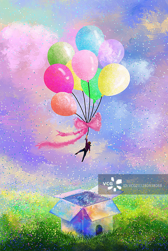 打开的礼物和乘着气球飞行的人图片素材