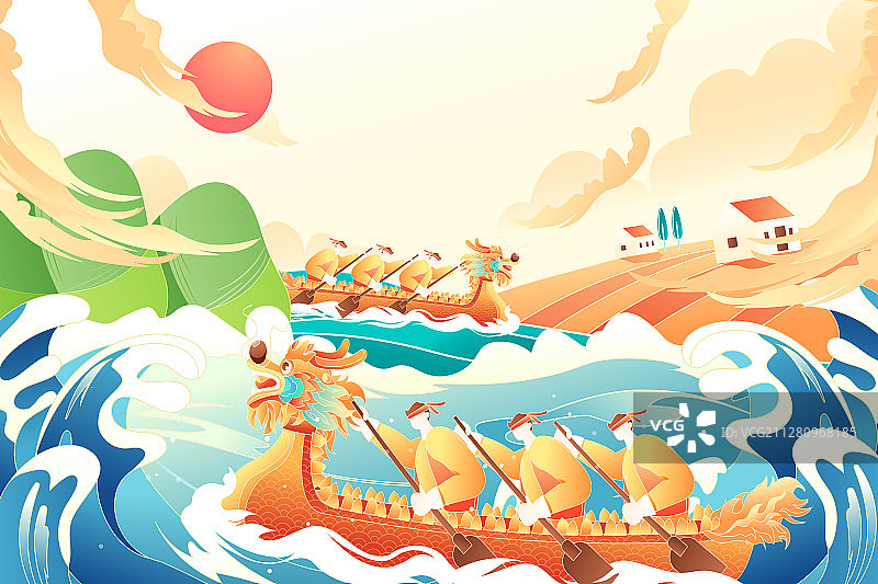 端午佳节传统节日习俗赛龙舟粽子海浪浪花中国风矢量插画图片素材