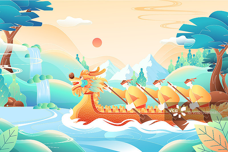 端午佳节传统节日习俗赛龙舟粽子海浪浪花中国风矢量插画图片素材