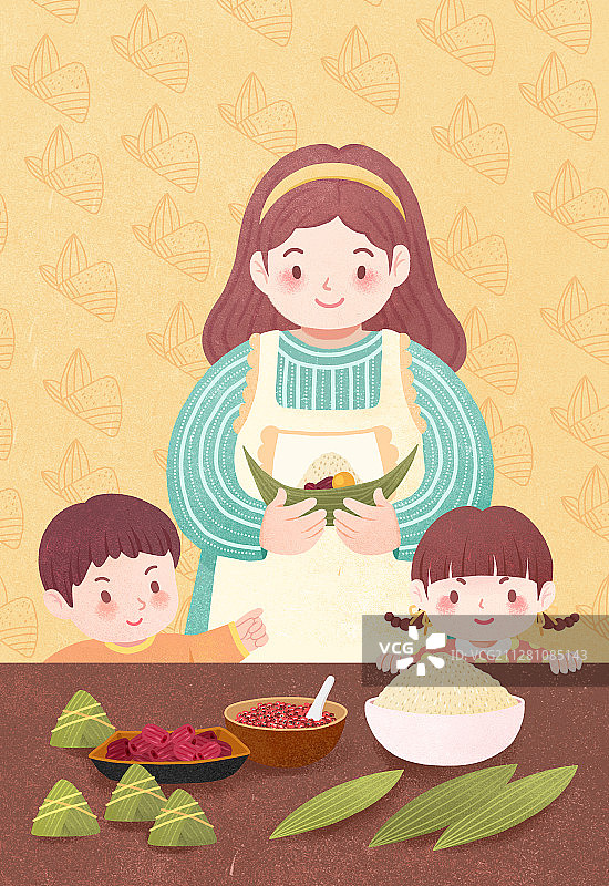 端午节和孩子一起包粽子的妈妈图片素材