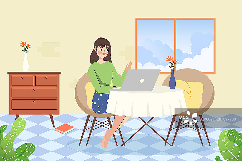 在家学习远程办公的坐着的美丽女孩图片素材