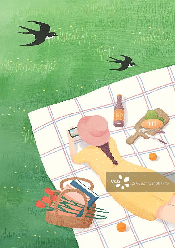 春天野餐草地女孩燕子图片素材