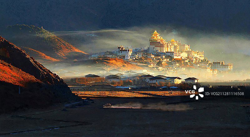 越野高原·曙光中驰进松赞林寺图片素材