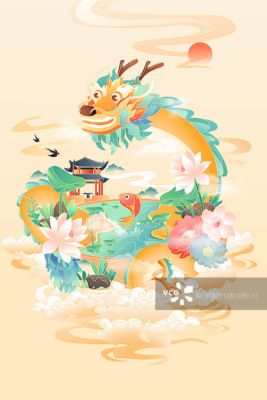 卡通端午节粽子赛龙舟划船中国风传统节日习俗背景矢量插画图片素材