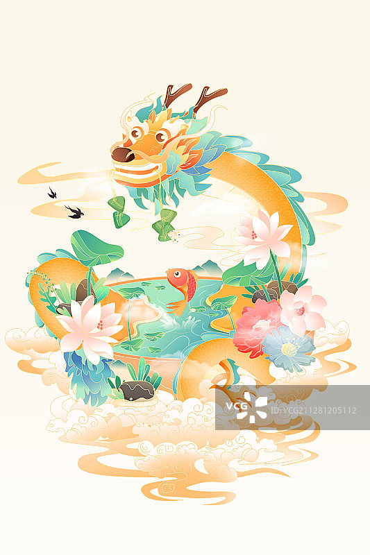 卡通端午节粽子赛龙舟划船中国风传统节日习俗背景矢量插画图片素材