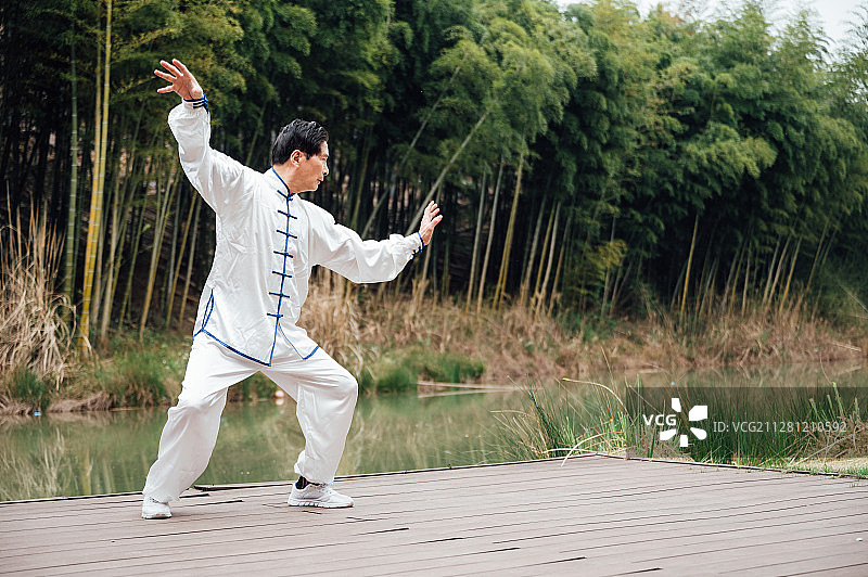 亚洲老年男性在湖边打太极拳图片素材