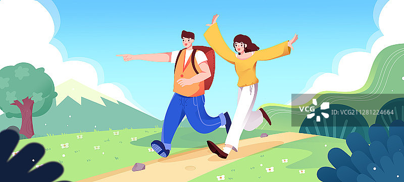 卡通手绘两个人旅游奔跑插画图片素材