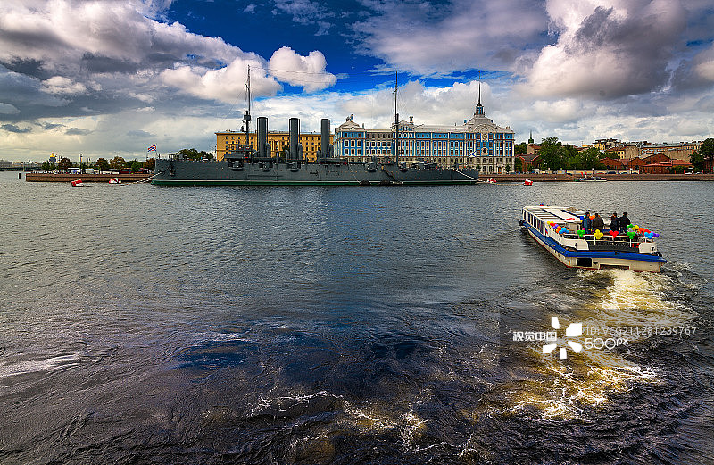 俄罗斯阿芙乐尔号巡洋舰，涅瓦河，圣彼得堡图片素材