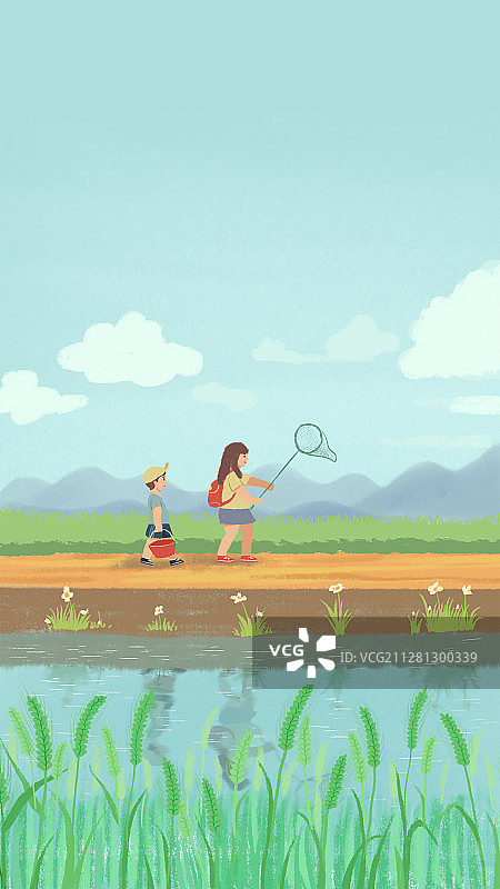 小满节气乡间麦田小路上玩耍的小孩清新手绘插画图片素材