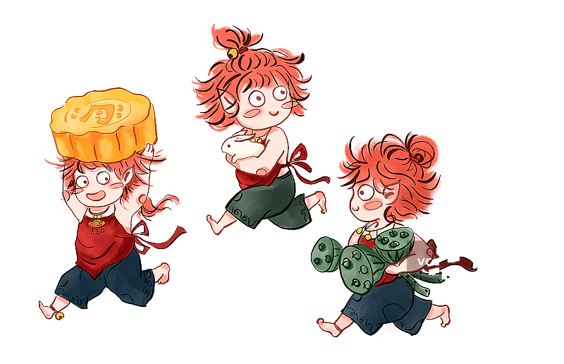 中秋节奔跑的三个小孩与月饼莲蓬兔子插画图片素材