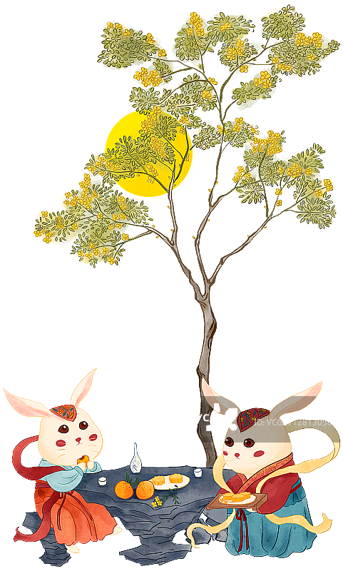 中秋节坐在桂树下吃月饼赏月的两只玉兔图片素材
