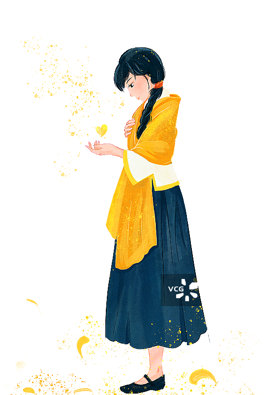 披金色披风的长发辫子侧身站立的民国美女图片素材