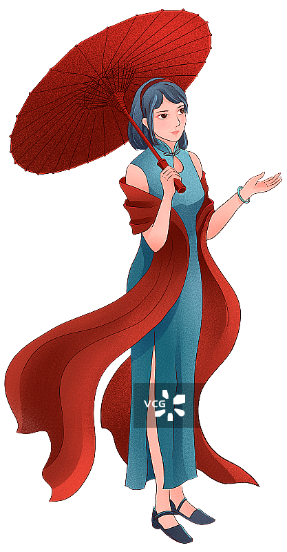 中国民国穿青色旗袍撑红纸伞的美女图片素材
