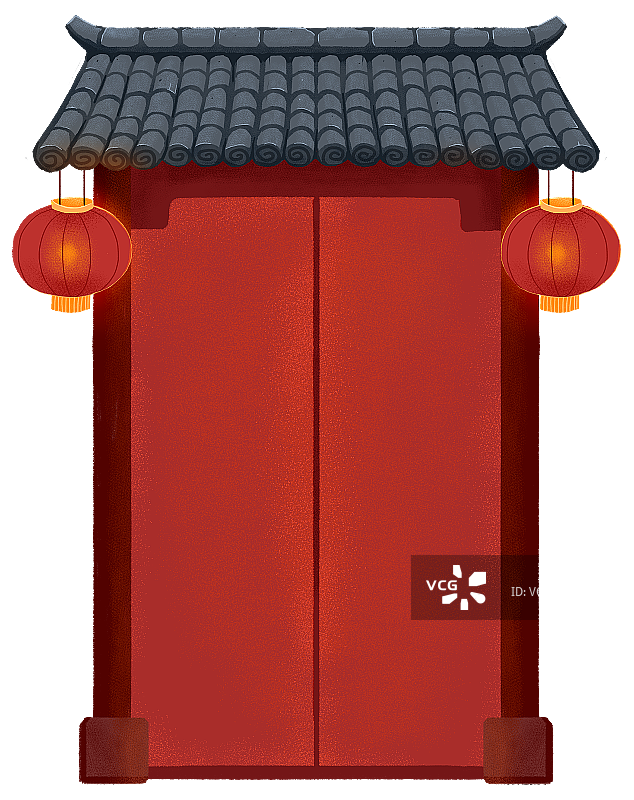 挂着灯笼的中国传统红色对开门插画图片素材