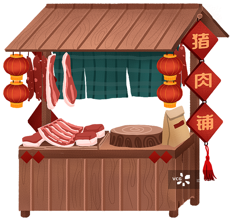 年俗卖猪肉挂红灯笼的猪肉铺木棚图片素材