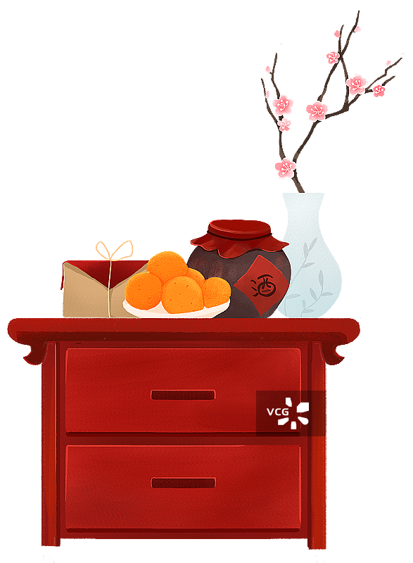 放着橘子梅花花瓶酒坛礼盒的传统红木柜插画图片素材