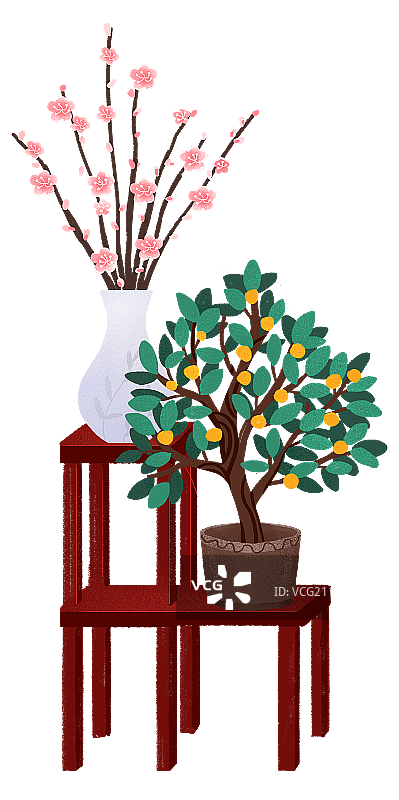 放着梅花花瓶与金橘树盆栽的红木架插画图片素材
