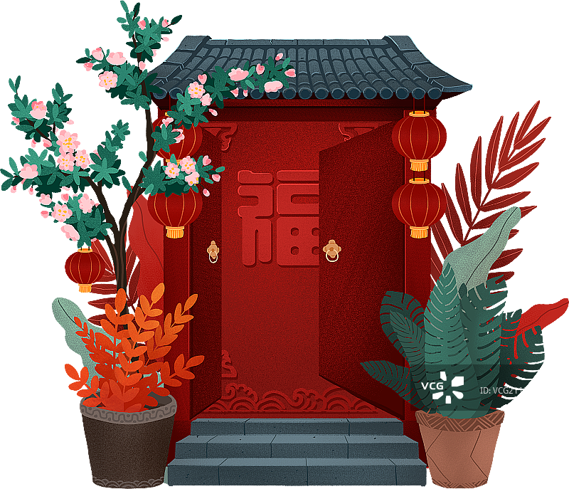 门前种着海棠花树挂着红灯笼的中国传统青瓦门头红色对开门图片素材