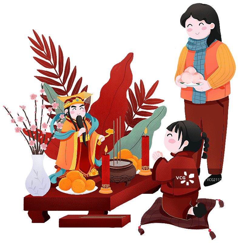 年俗大年初九母亲带着孩子祭拜玉皇大帝祈福手绘插画图片素材