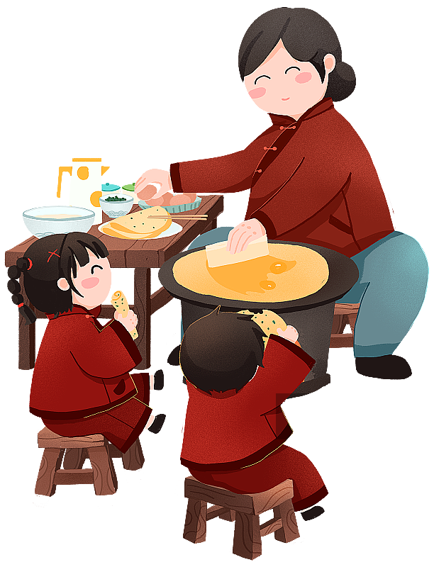 年俗大年初七姥姥给孙子孙女摊煎饼吃手绘插画图片素材
