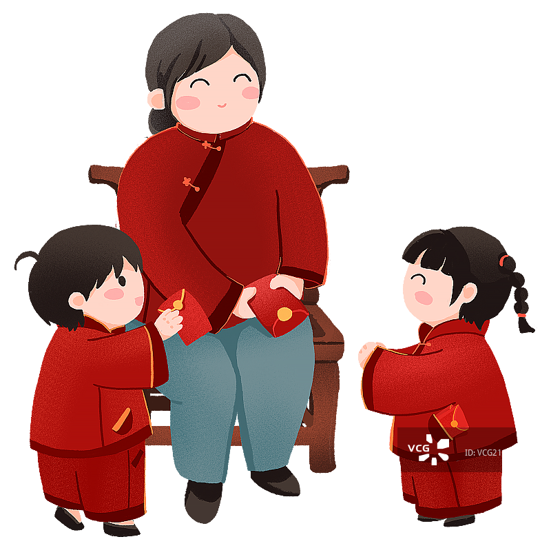 年俗大年初一给长辈拜年收压岁钱手绘插画图片素材