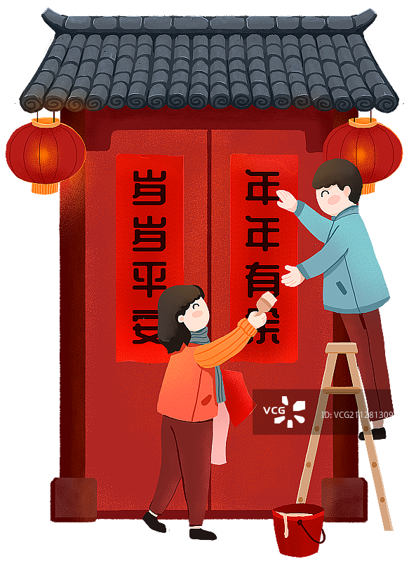年俗腊月二十八夫妻在青瓦门头红木门上贴春联手绘插画图片素材